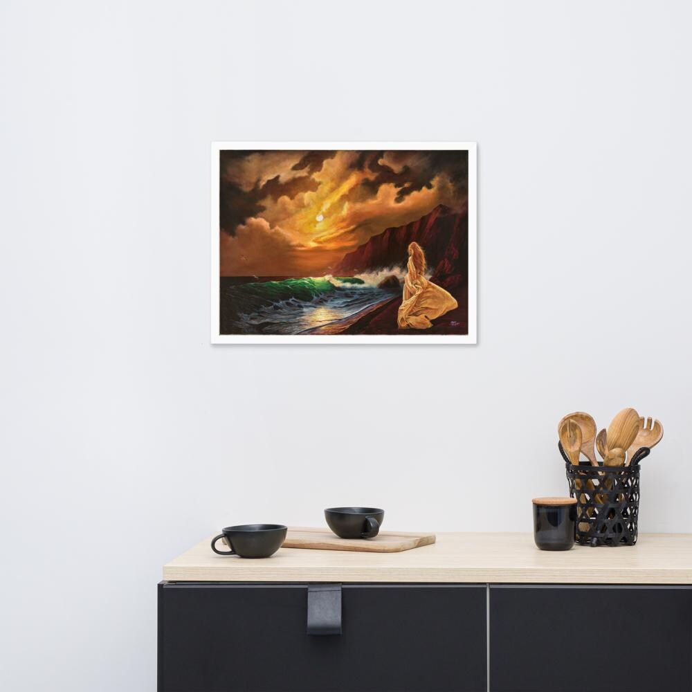 Woman on Cliff at Sunset Framed Poster – Mystic Moon | PMF Collection No. 2: Receptivity | Celestial Goddess Wall Art