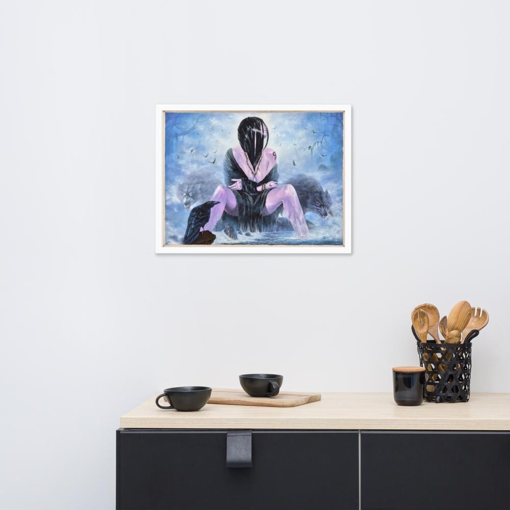 Mystical Woman with Wolves & Raven Framed Poster – Woman's Spell | PMF Collection No. 3-Intuition | Dark Fantasy Wall Art