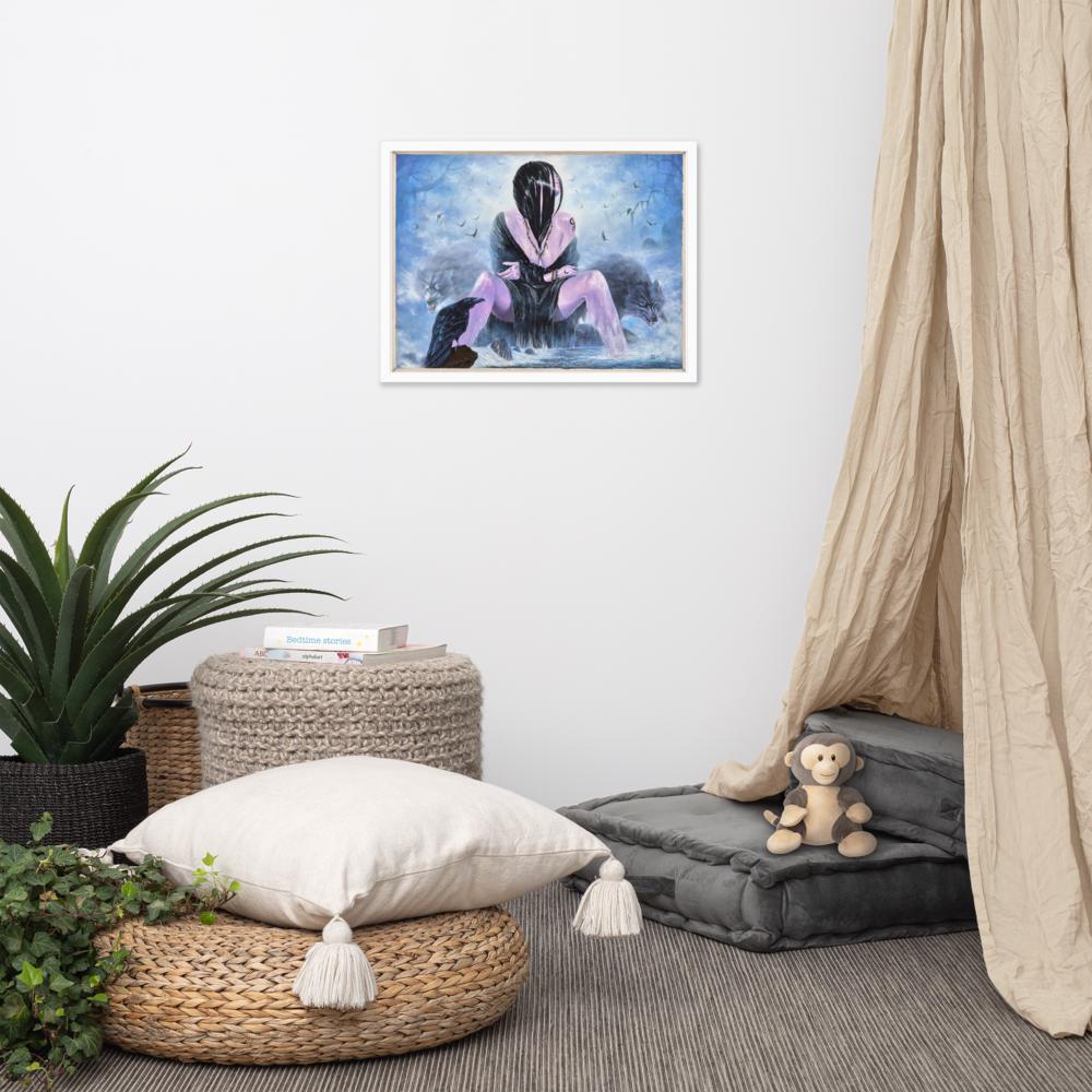 Mystical Woman with Wolves & Raven Framed Poster – Woman's Spell | PMF Collection No. 3-Intuition | Dark Fantasy Wall Art