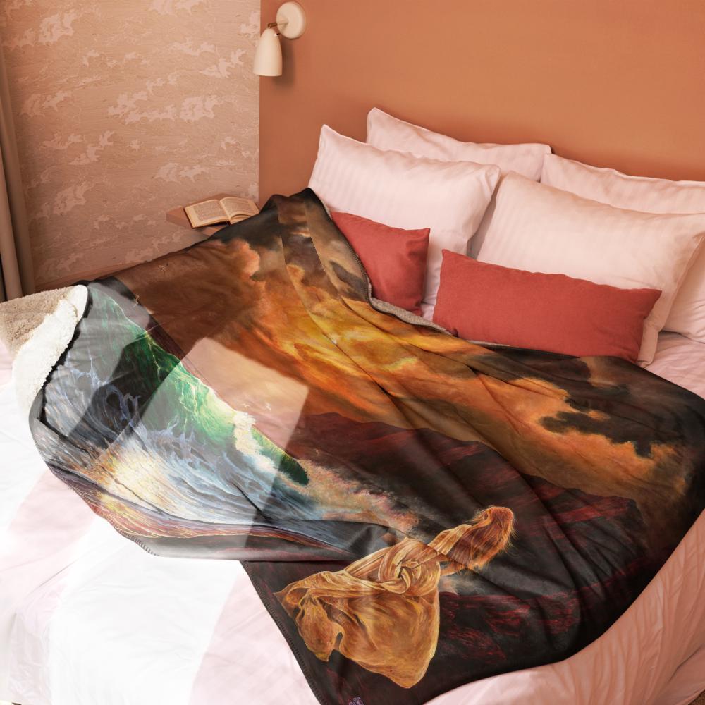 Woman on Cliff at Sunset Sherpa Blanket – Mystic Moon | PMF Collection No. 2: Receptivity | Celestial Goddess Throw Blanket
