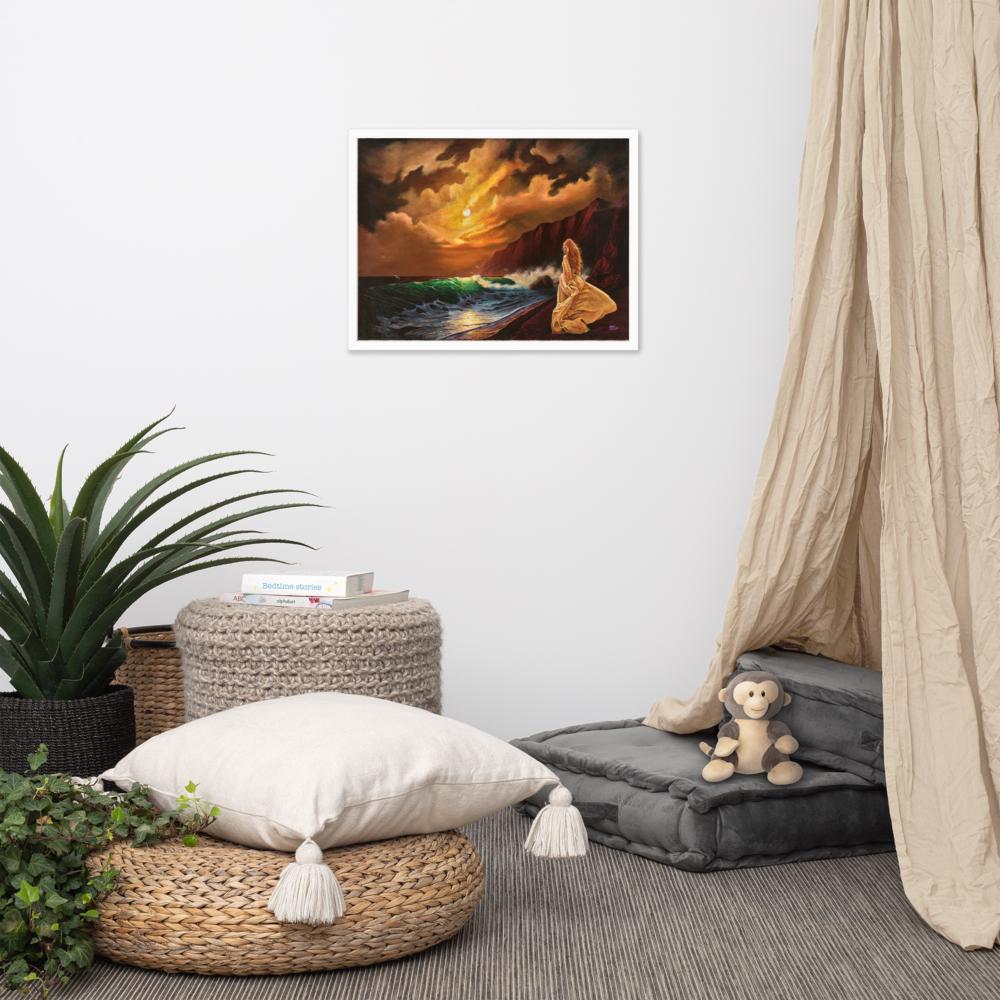 Woman on Cliff at Sunset Framed Poster – Mystic Moon | PMF Collection No. 2: Receptivity | Celestial Goddess Wall Art