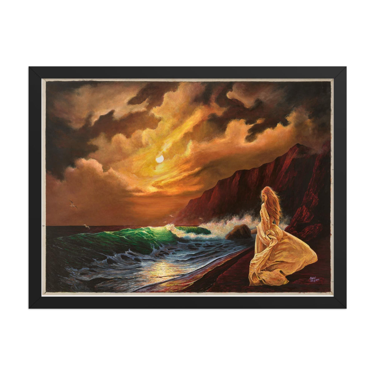 Woman on Cliff at Sunset Framed Poster – Mystic Moon | PMF Collection No. 2: Receptivity | Celestial Goddess Wall Art