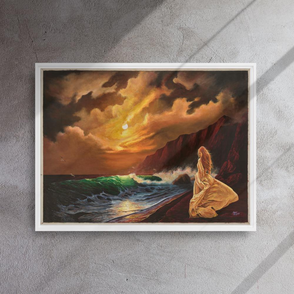 Woman on Cliff at Sunset Framed Canvas – Mystic Moon | PMF Collection No. 2: Receptivity | Celestial Goddess Wall Art