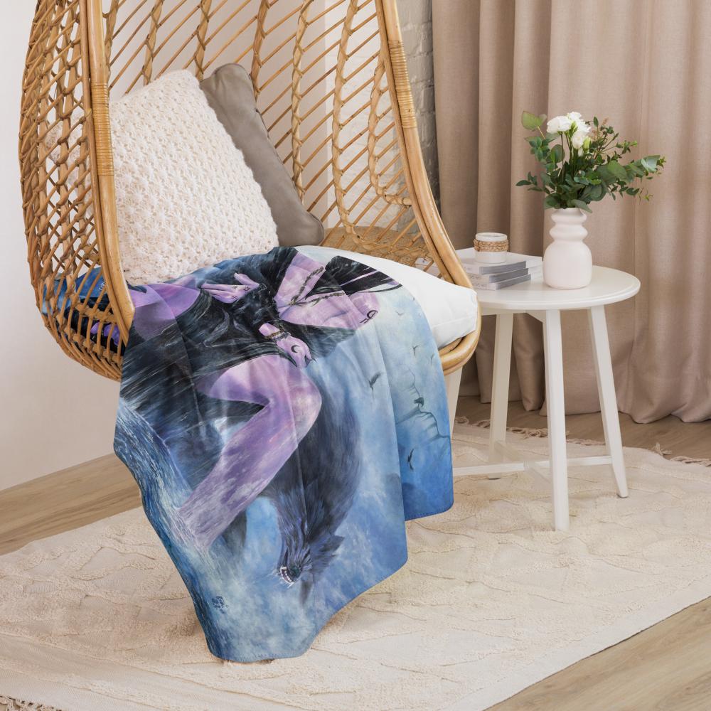 Mystical Woman with Wolves & Raven Sherpa Blanket – Woman's Spell | PMF Collection No. 3-Intuition | Dark Fantasy Throw Blanket