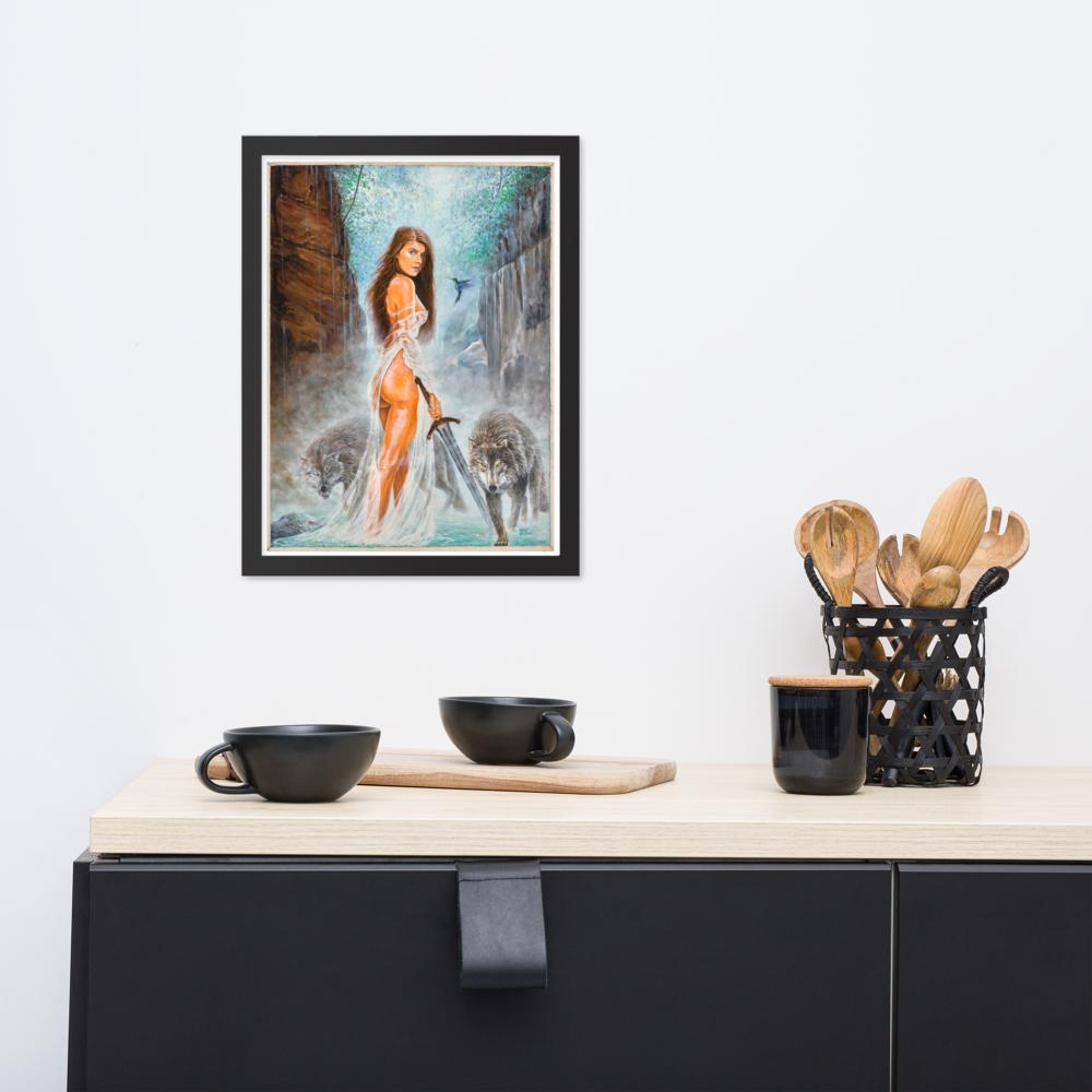Warrior Woman with Sword & Wolves Framed Poster – The Lady of the Lake | PMF Collection No. 1: Power | Norse Mythology Wall Art