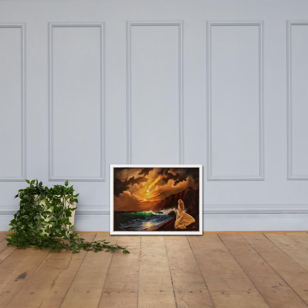 Woman on Cliff at Sunset Framed Poster – Mystic Moon | PMF Collection No. 2: Receptivity | Celestial Goddess Wall Art