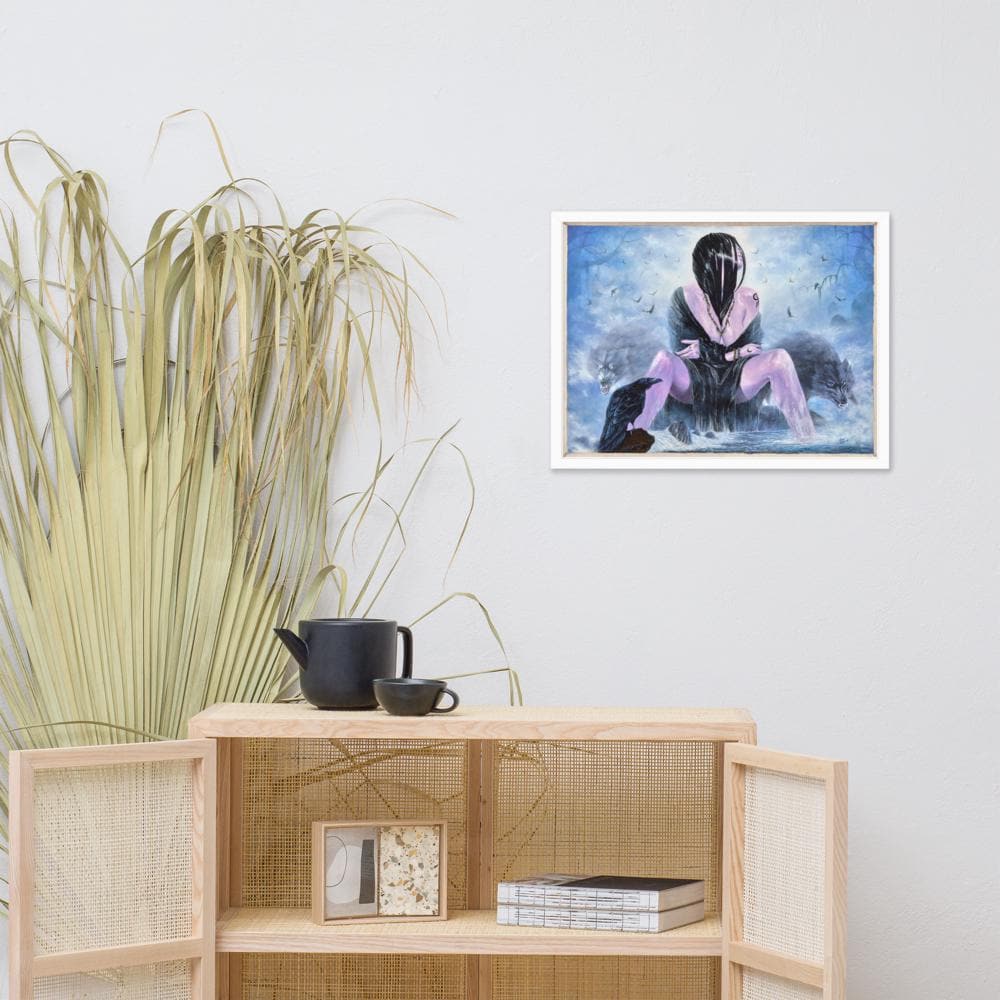 Mystical Woman with Wolves & Raven Framed Poster – Woman's Spell | PMF Collection No. 3-Intuition | Dark Fantasy Wall Art