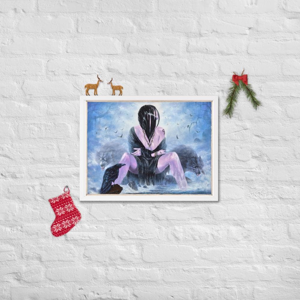 Mystical Woman with Wolves & Raven Framed Poster – Woman's Spell | PMF Collection No. 3-Intuition | Dark Fantasy Wall Art