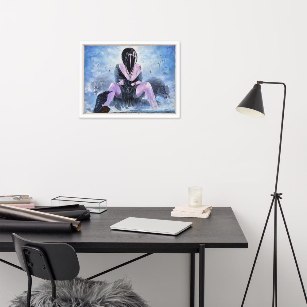 Mystical Woman with Wolves & Raven Framed Poster – Woman's Spell | PMF Collection No. 3-Intuition | Dark Fantasy Wall Art