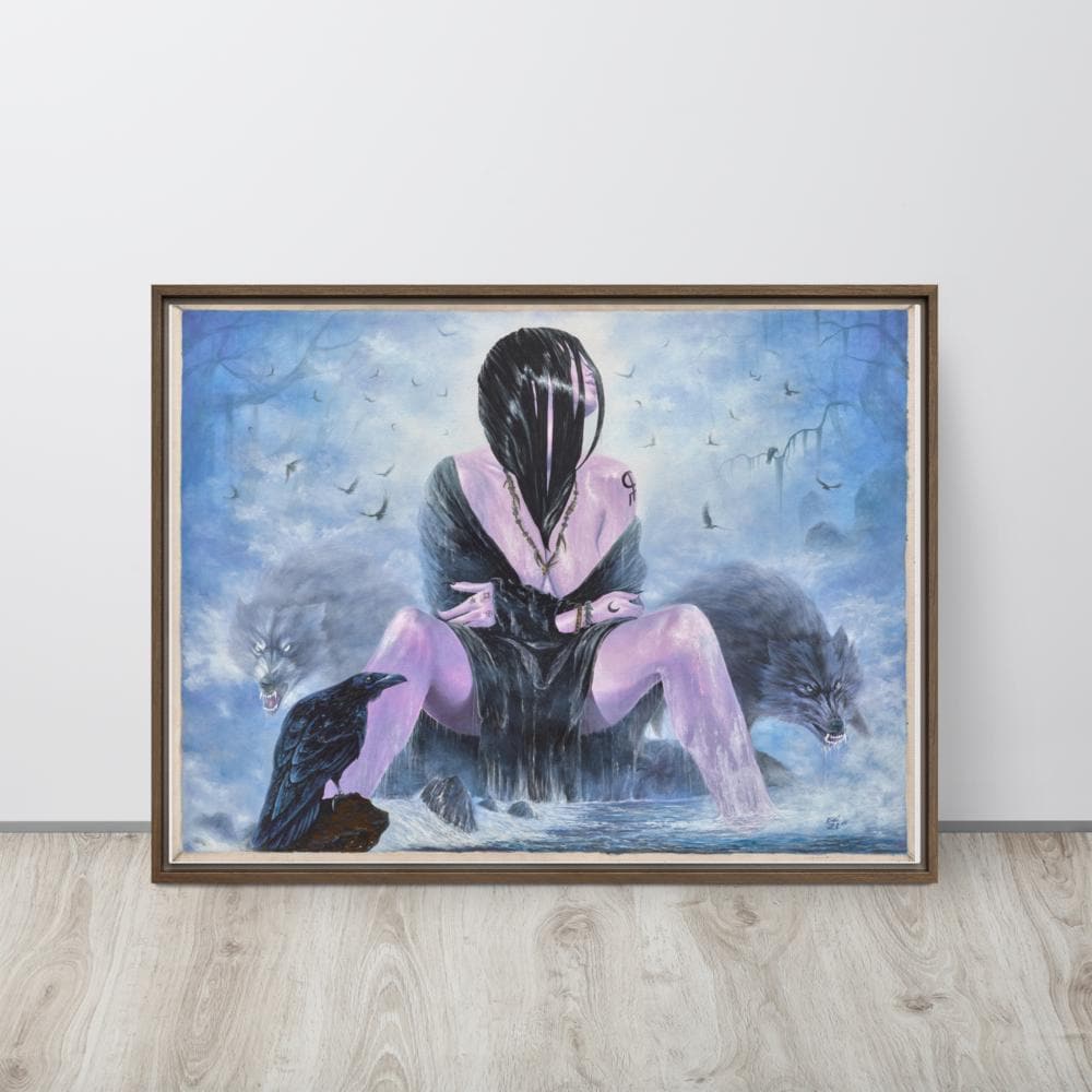 Mystical Woman with Wolves & Raven Framed Canvas – Woman's Spell | PMF Collection No. 3- Intuition | Dark Fantasy Wall Art