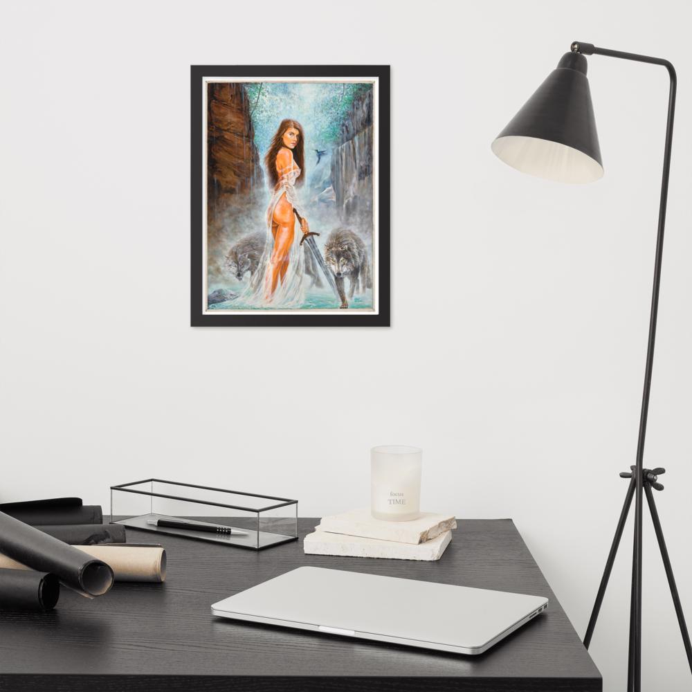 Warrior Woman with Sword & Wolves Framed Poster – The Lady of the Lake | PMF Collection No. 1: Power | Norse Mythology Wall Art