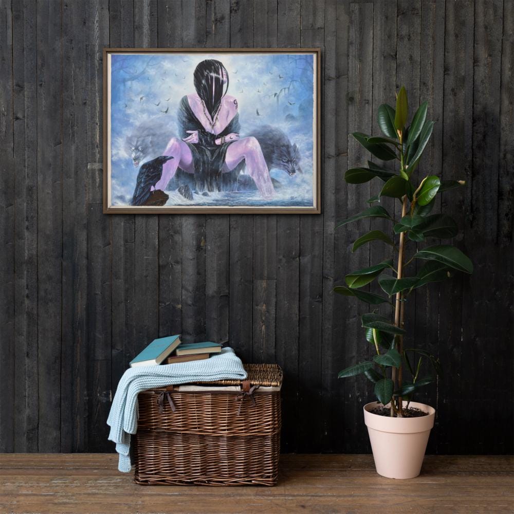Mystical Woman with Wolves & Raven Framed Canvas – Woman's Spell | PMF Collection No. 3- Intuition | Dark Fantasy Wall Art