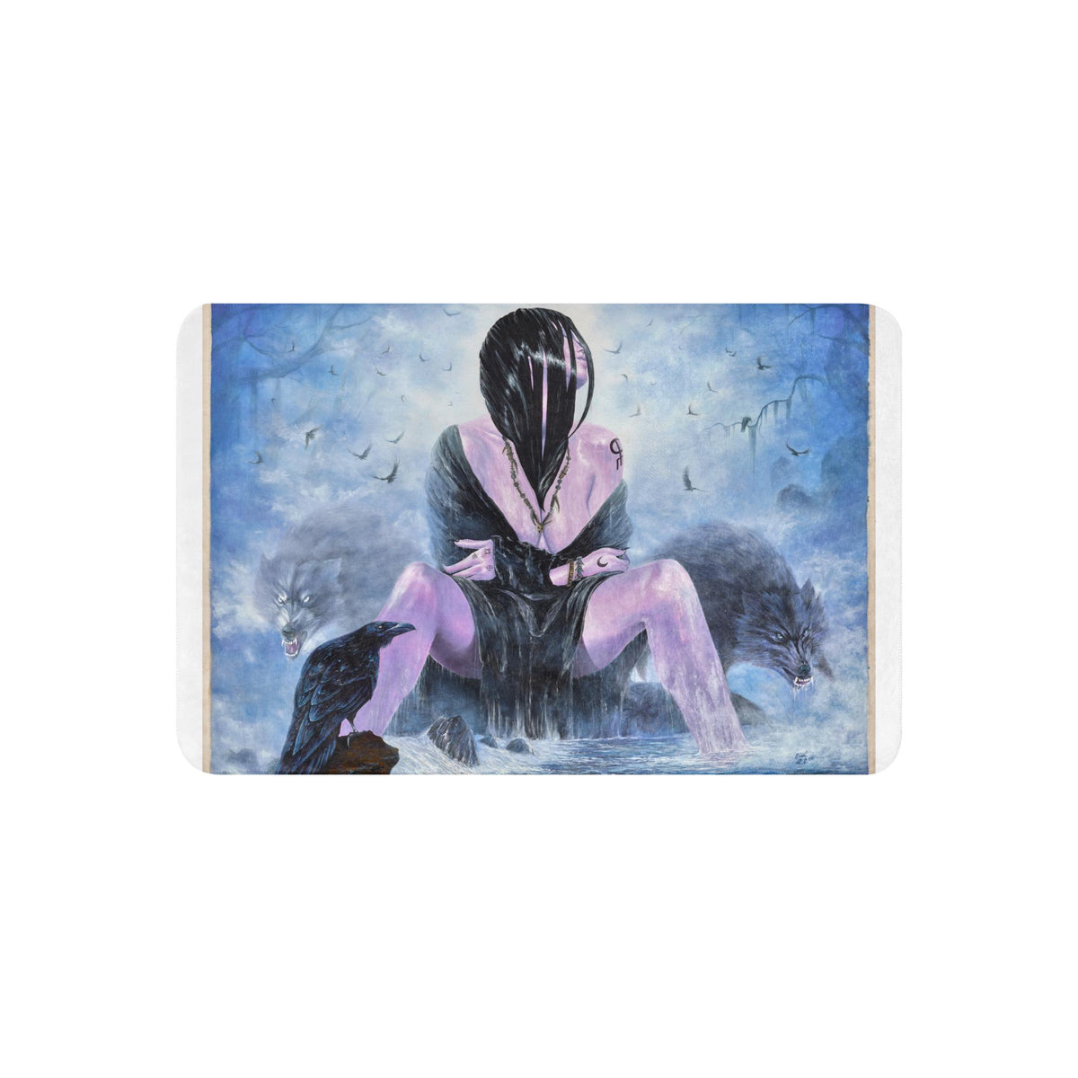 Mystical Woman with Wolves & Raven Sherpa Blanket – Woman's Spell | PMF Collection No. 3-Intuition | Dark Fantasy Throw Blanket