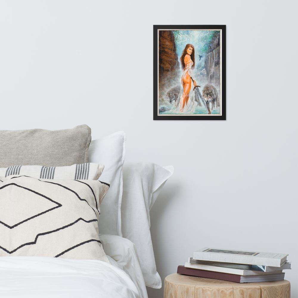 Warrior Woman with Sword & Wolves Framed Poster – The Lady of the Lake | PMF Collection No. 1: Power | Norse Mythology Wall Art