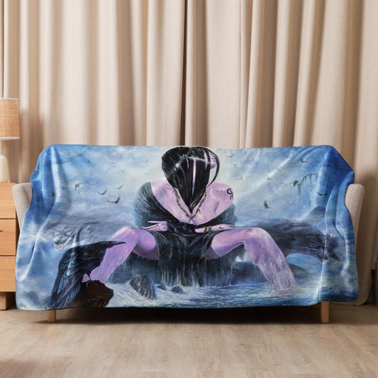 Mystical Woman with Wolves & Raven Sherpa Blanket – Woman's Spell | PMF Collection No. 3-Intuition | Dark Fantasy Throw Blanket