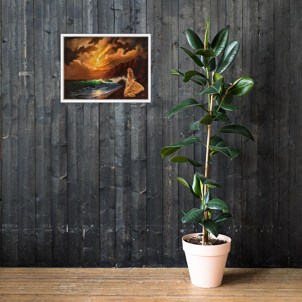 Woman on Cliff at Sunset Framed Poster – Mystic Moon | PMF Collection No. 2: Receptivity | Celestial Goddess Wall Art