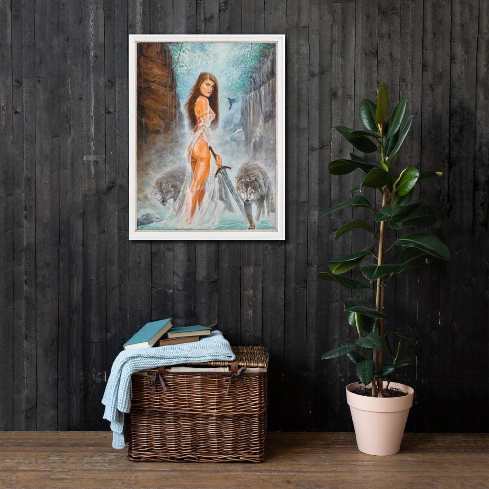 Warrior Woman with Sword & Wolves Framed Canvas – The Lady of the Lake | PMF Collection No. 1: Power | Norse Mythology Wall Art