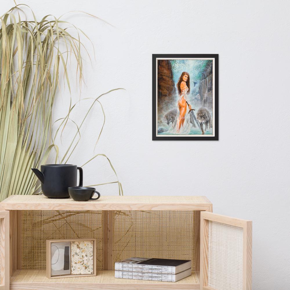 Warrior Woman with Sword & Wolves Framed Poster – The Lady of the Lake | PMF Collection No. 1: Power | Norse Mythology Wall Art