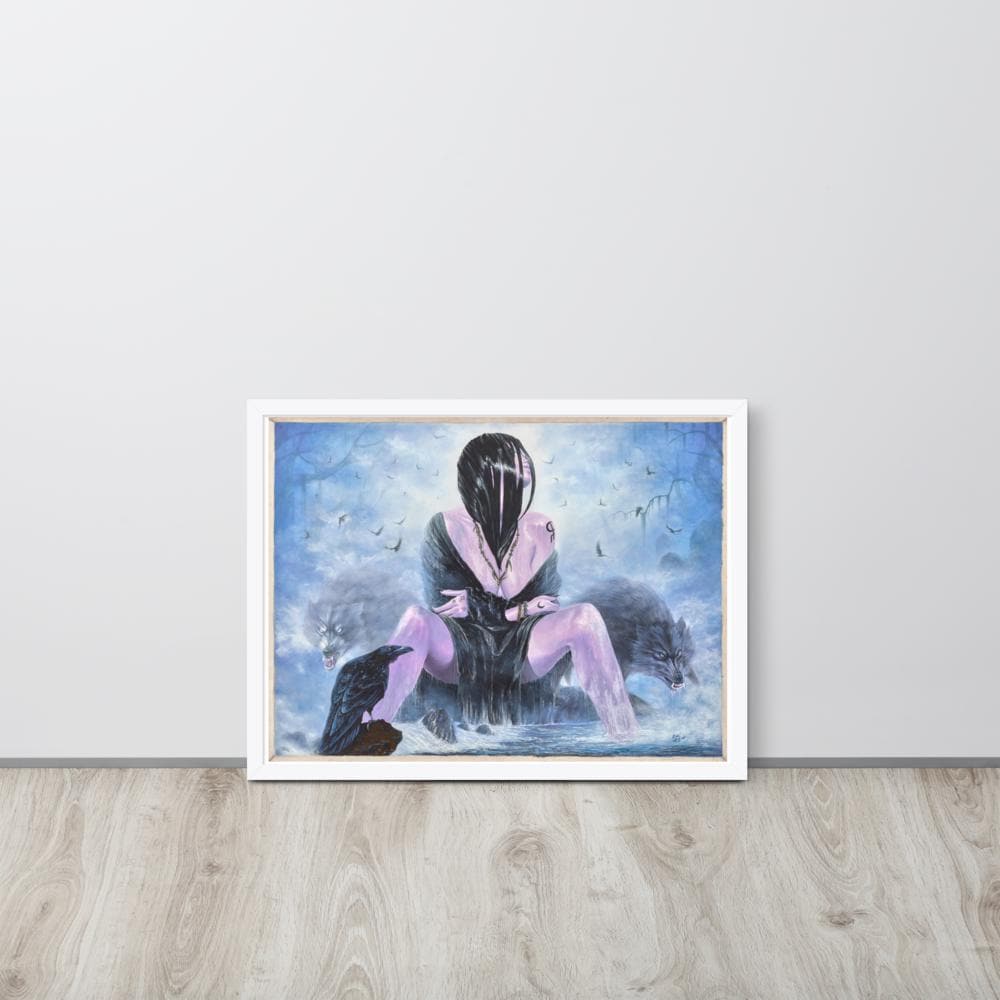 Mystical Woman with Wolves & Raven Framed Poster – Woman's Spell | PMF Collection No. 3-Intuition | Dark Fantasy Wall Art