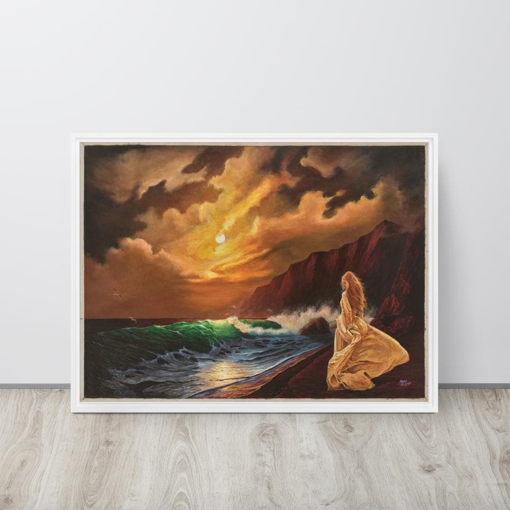 Woman on Cliff at Sunset Framed Canvas – Mystic Moon | PMF Collection No. 2: Receptivity | Celestial Goddess Wall Art
