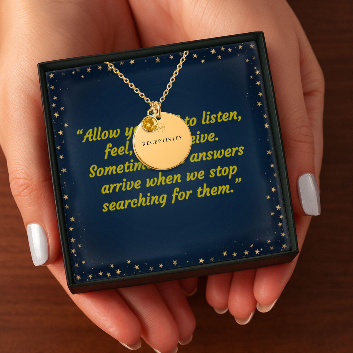 Mystic Moon Necklace - Woman on Cliff at Sunset, PMF Collection No. 2: Receptivity, Dark Fantasy Jewelry, Engraved Disc Charm Pendant