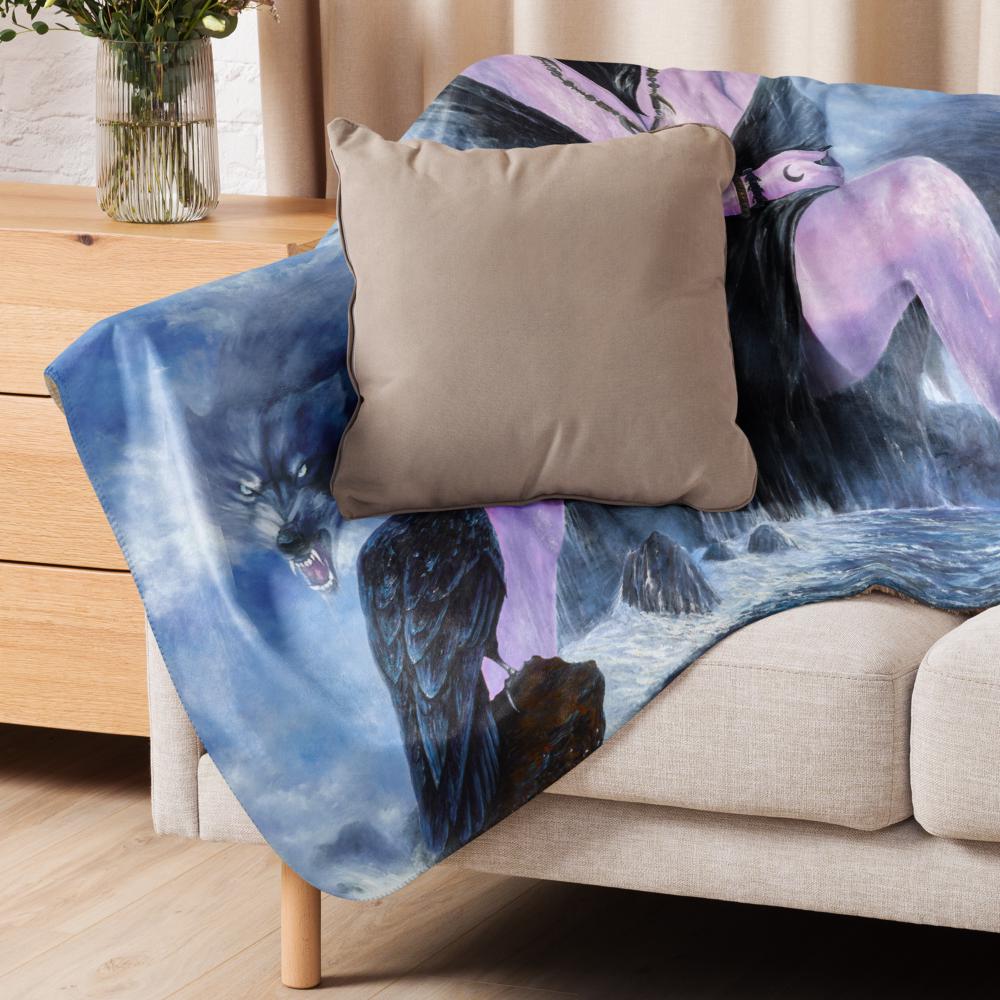 Mystical Woman with Wolves & Raven Sherpa Blanket – Woman's Spell | PMF Collection No. 3-Intuition | Dark Fantasy Throw Blanket