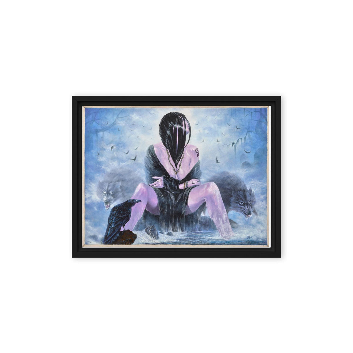 Mystical Woman with Wolves & Raven Framed Canvas – Woman's Spell | PMF Collection No. 3- Intuition | Dark Fantasy Wall Art