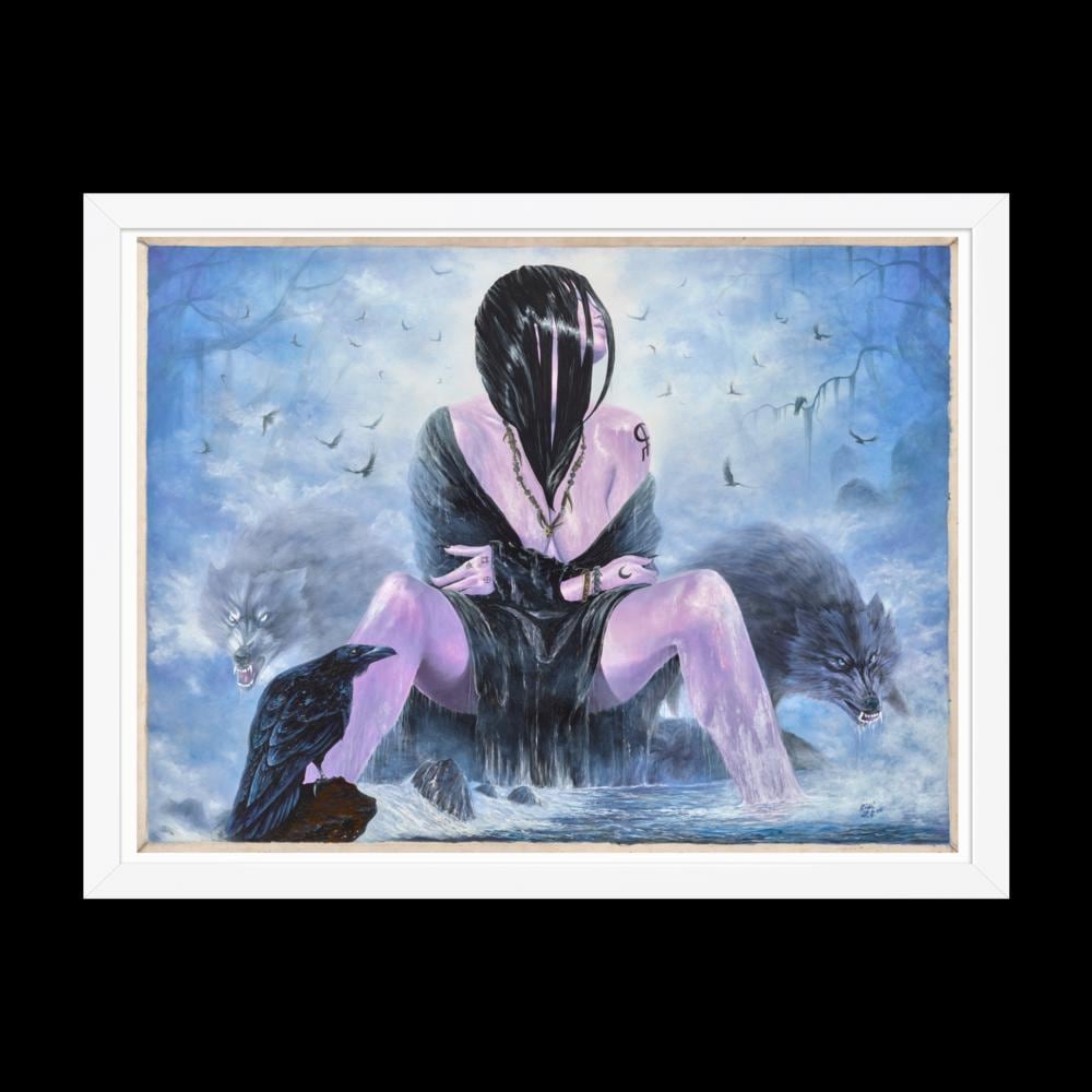 Mystical Woman with Wolves & Raven Framed Poster – Woman's Spell | PMF Collection No. 3-Intuition | Dark Fantasy Wall Art