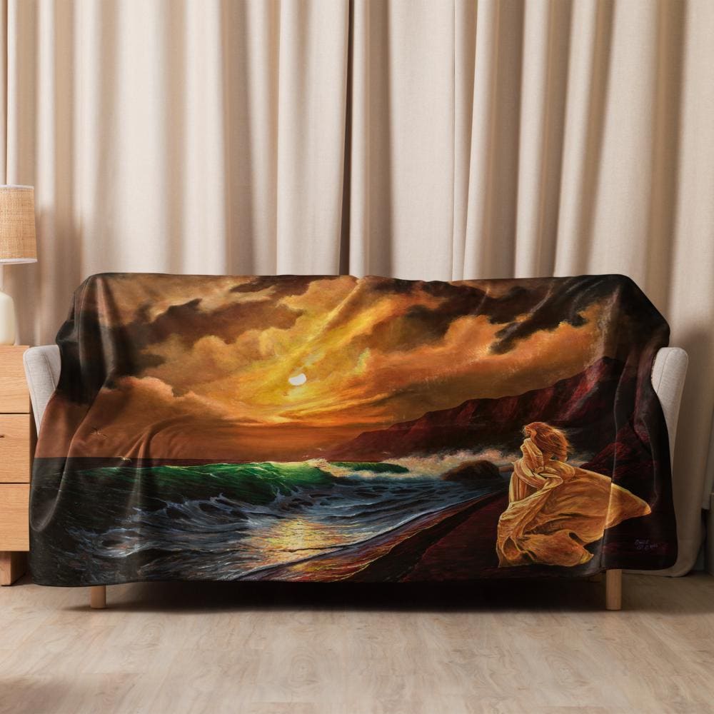 Woman on Cliff at Sunset Sherpa Blanket – Mystic Moon | PMF Collection No. 2: Receptivity | Celestial Goddess Throw Blanket