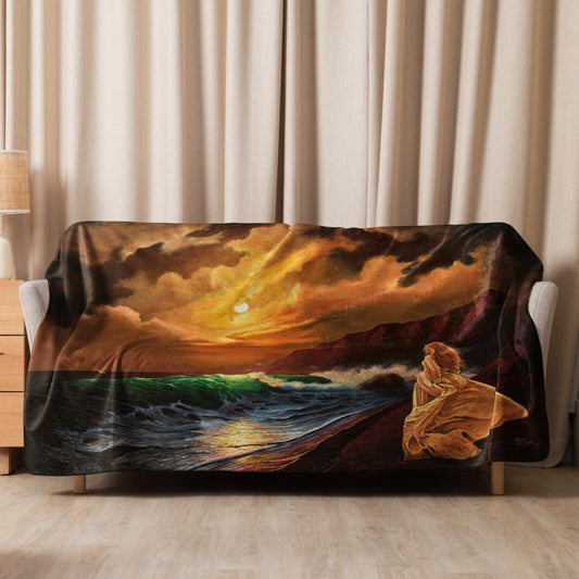 Woman on Cliff at Sunset Sherpa Blanket – Mystic Moon | PMF Collection No. 2: Receptivity | Celestial Goddess Throw Blanket
