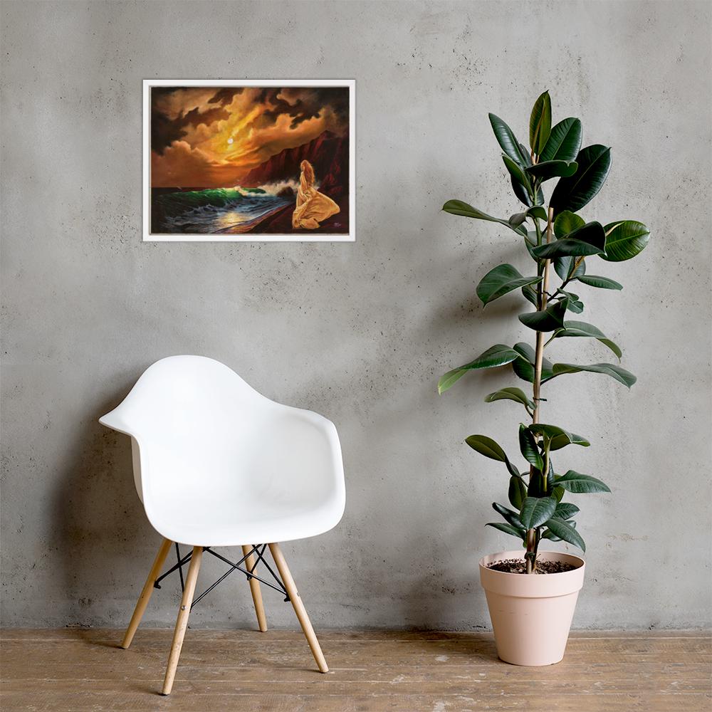 Woman on Cliff at Sunset Framed Poster – Mystic Moon | PMF Collection No. 2: Receptivity | Celestial Goddess Wall Art