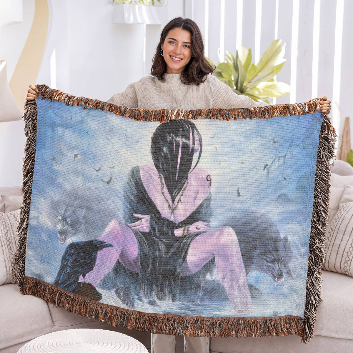 Mystical Woman with Wolves and Raven Woven Blanket, Intuition Symbol, Spiritual Wolf Decor, Mystical Throw, PMF Collection No. 3