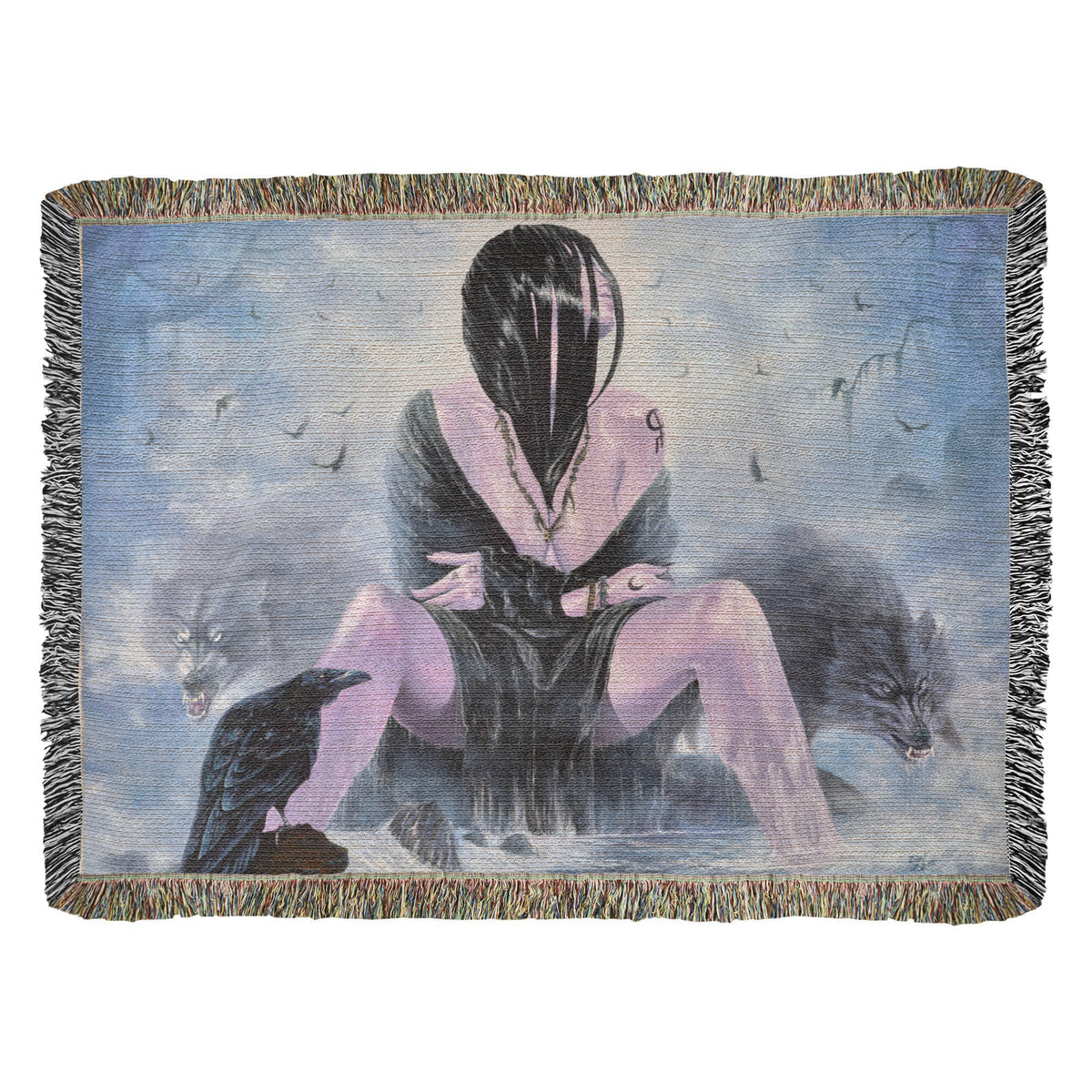 Mystical Woman with Wolves and Raven Woven Blanket, Intuition Symbol, Spiritual Wolf Decor, Mystical Throw, PMF Collection No. 3