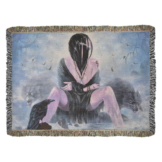 Mystical Woman with Wolves and Raven Woven Blanket, Intuition Symbol, Spiritual Wolf Decor, Mystical Throw, PMF Collection No. 3