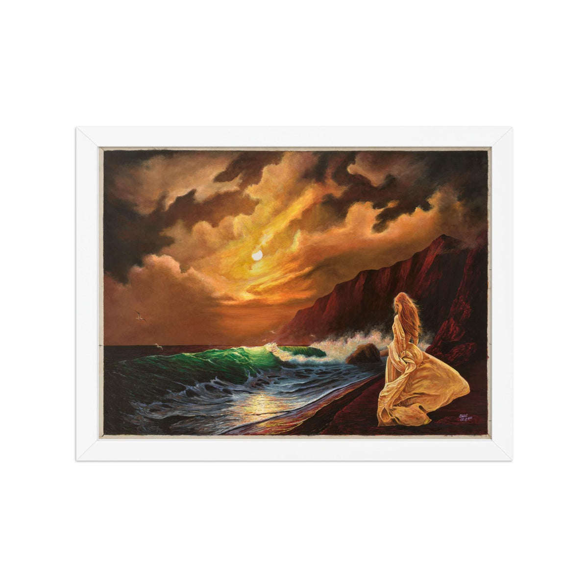 Woman on Cliff at Sunset Framed Poster – Mystic Moon | PMF Collection No. 2: Receptivity | Celestial Goddess Wall Art