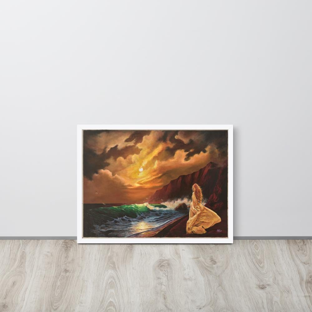 Woman on Cliff at Sunset Framed Poster – Mystic Moon | PMF Collection No. 2: Receptivity | Celestial Goddess Wall Art