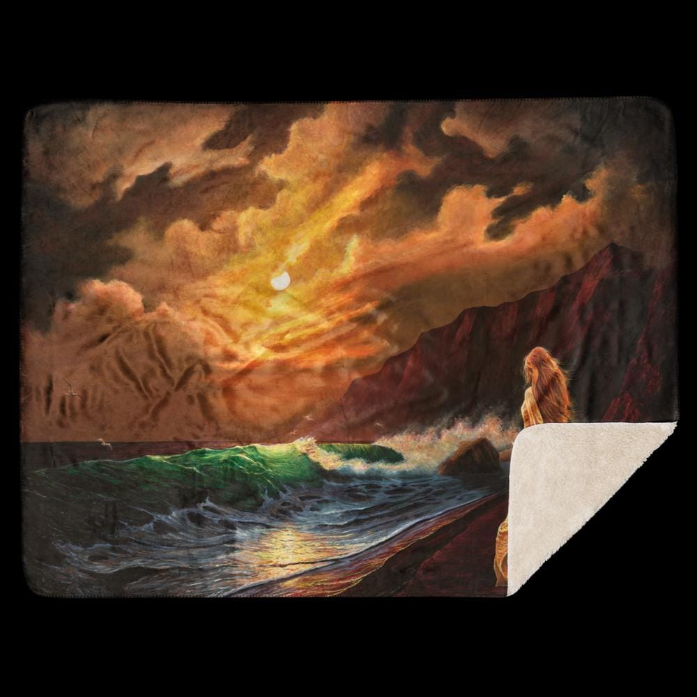 Woman on Cliff at Sunset Sherpa Blanket – Mystic Moon | PMF Collection No. 2: Receptivity | Celestial Goddess Throw Blanket