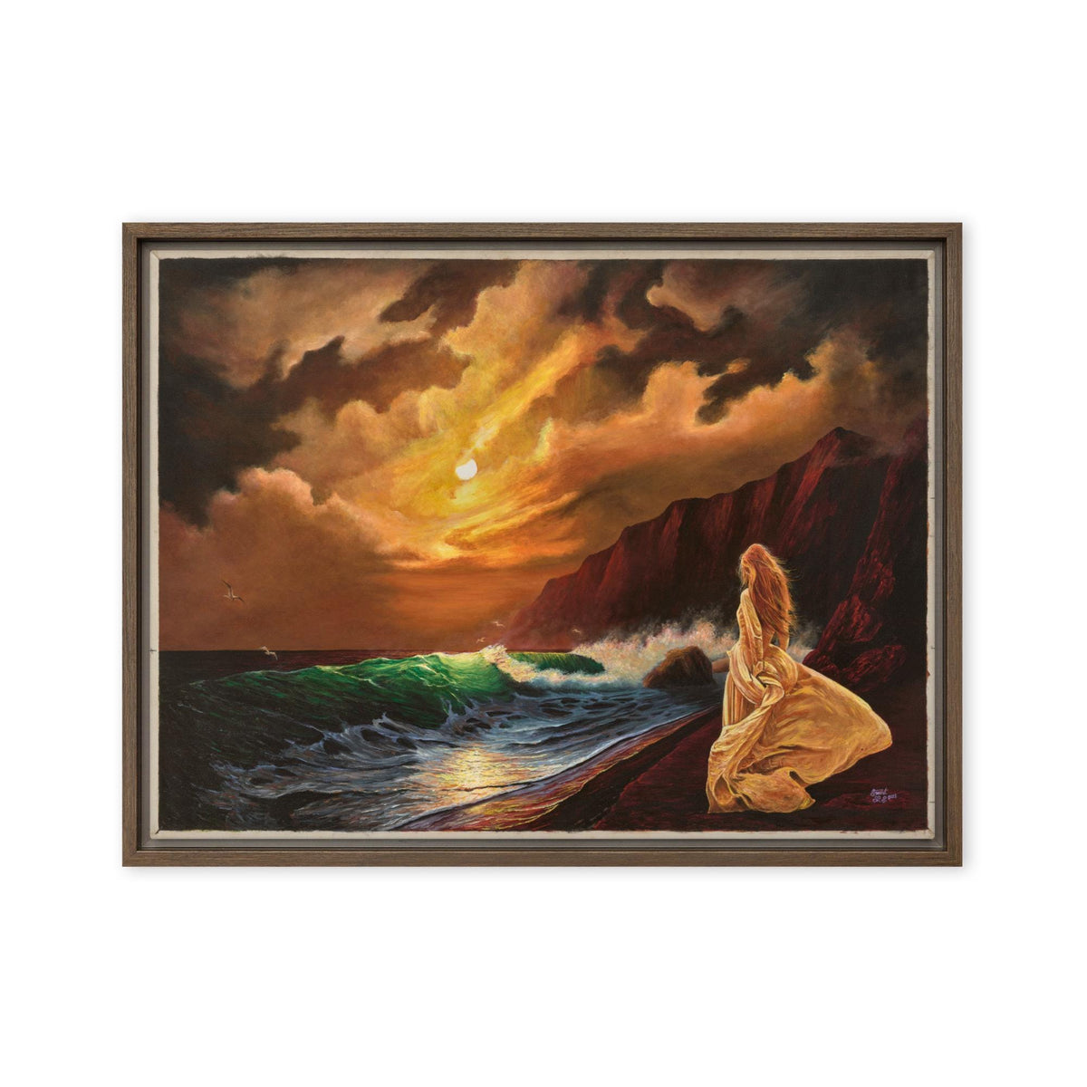 Woman on Cliff at Sunset Framed Canvas – Mystic Moon | PMF Collection No. 2: Receptivity | Celestial Goddess Wall Art