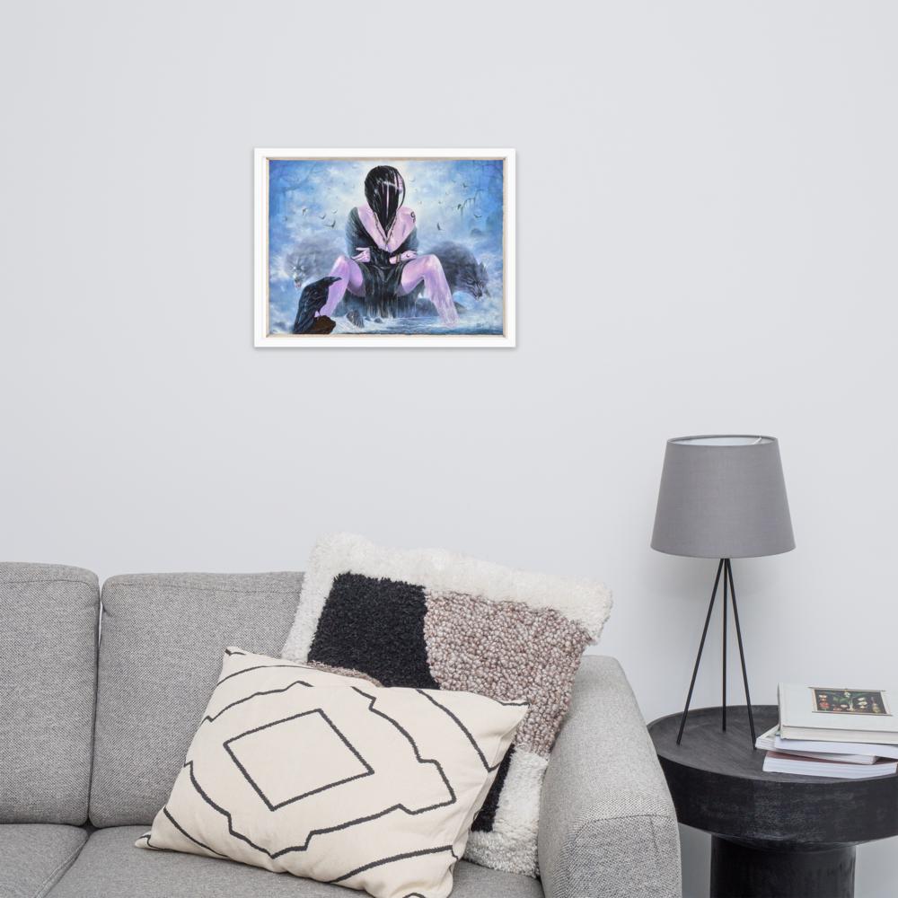 Mystical Woman with Wolves & Raven Framed Poster – Woman's Spell | PMF Collection No. 3-Intuition | Dark Fantasy Wall Art