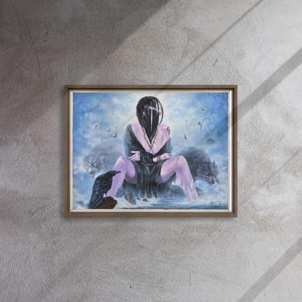 Mystical Woman with Wolves & Raven Framed Canvas – Woman's Spell | PMF Collection No. 3- Intuition | Dark Fantasy Wall Art