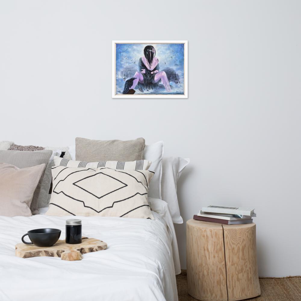 Mystical Woman with Wolves & Raven Framed Poster – Woman's Spell | PMF Collection No. 3-Intuition | Dark Fantasy Wall Art