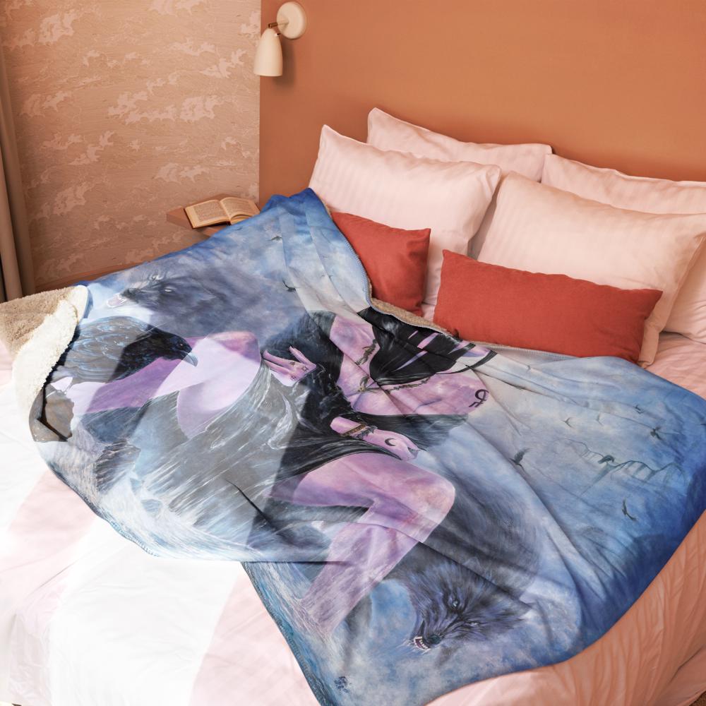 Mystical Woman with Wolves & Raven Sherpa Blanket – Woman's Spell | PMF Collection No. 3-Intuition | Dark Fantasy Throw Blanket